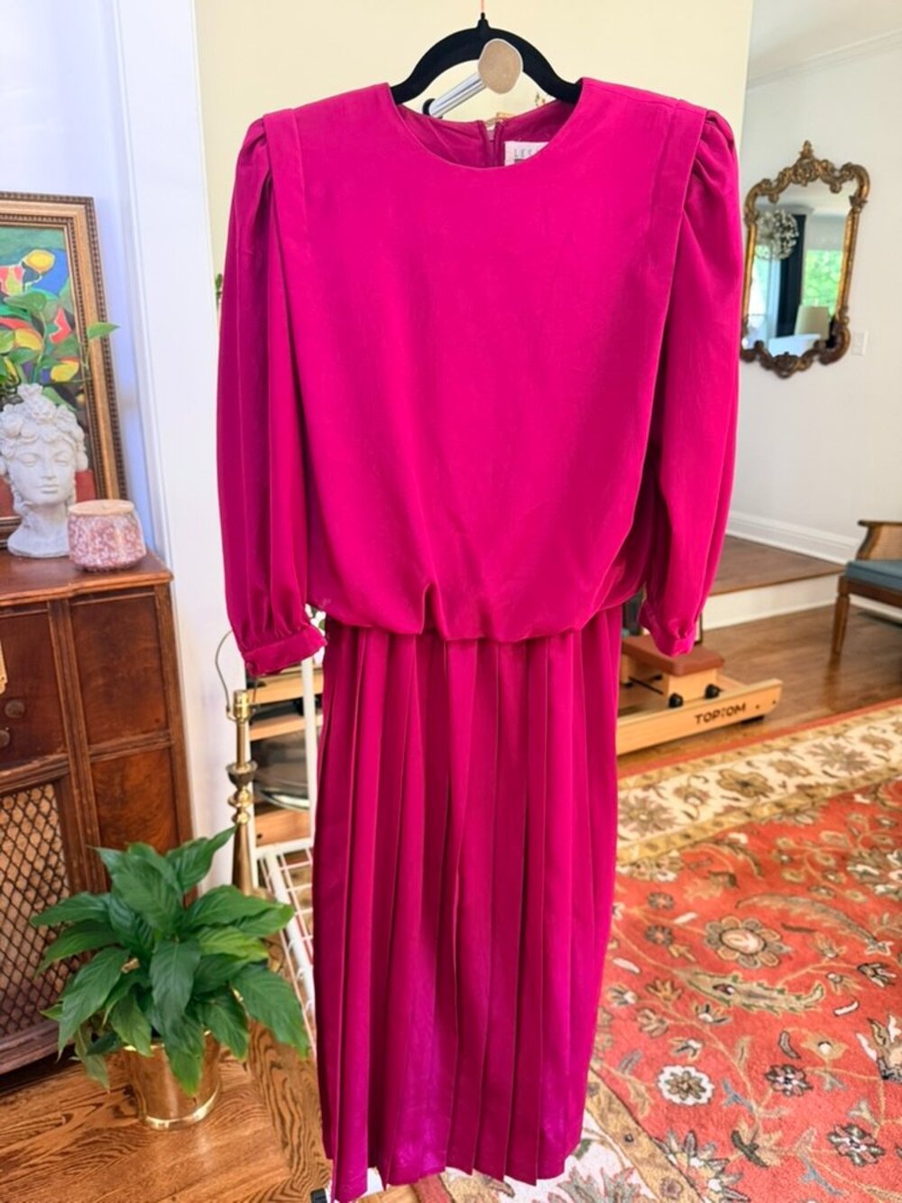 Leslie Faye 1980s Magenta Pleated Dress